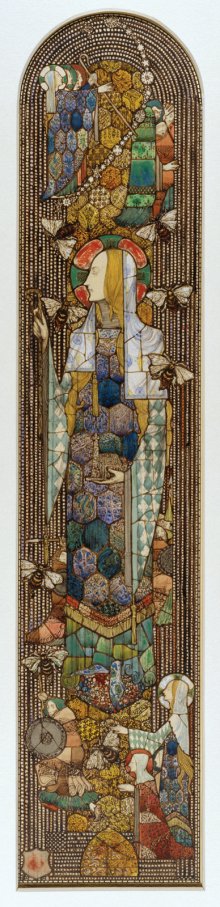 Figure 1. Design for "St. Gobnet" window in Honan Chapel, Cork City, Ireland. Pencil, pen and inks, and watercolor on board. Harry Clarke, 191 4. H. 54.6 cm, W. 11.5 cm. Collection of the Rakow Library, The Corning Museum of Glass.