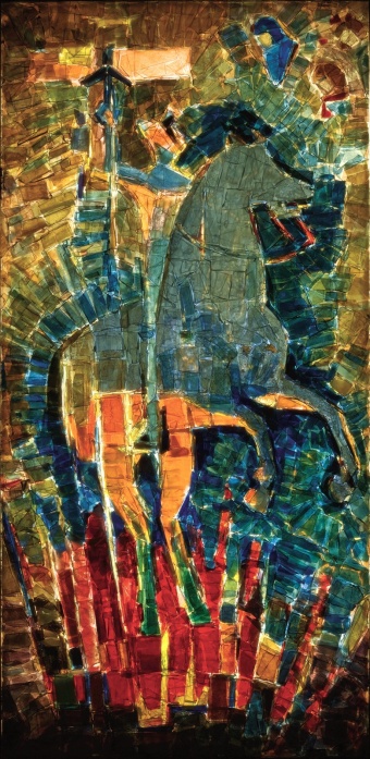 Jeanne d’Arc (Joan of Arc), Louis Gilis, France, Paris, Les Gemmaux de France studio, about 1959, H: 100.5 cm x W: 48.25 cm. Winner of the “prix du gemmail” in 1959. (93.3.11, gift of Pittsburgh Plate Glass Co.)