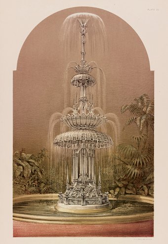 Fig. 1: Print showing Osler's Crystal Fountain in the center of the Crystal Palace, 1851. From M. Digby Wyatt, The Industrial Arts of the Nineteenth Century, London: Day and Son, 1851-1853, v. 1, pl. 23. Juliette K. and Leonard S. Rakow Research Library of The Corning Museum of Glass, Corning, New York.