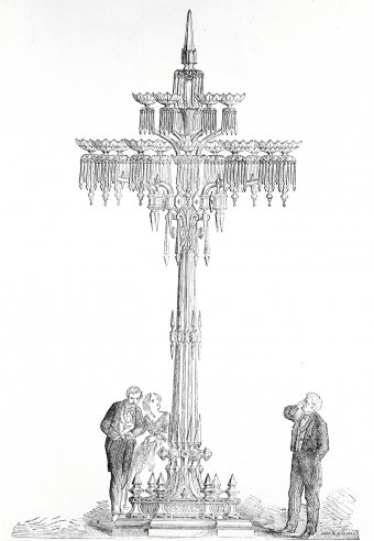 Fig. 3: Twenty-foot glass fixture exhibited by Osler at the 1862 world's fair in London. From The Illustrated Catalogue of the Industrial Department [chapter 4, note 3], v. 2, p. 85. Juliette K. and Leonard S. Rakow Research Library of The Corning Museum of Glass, Corning, New York.