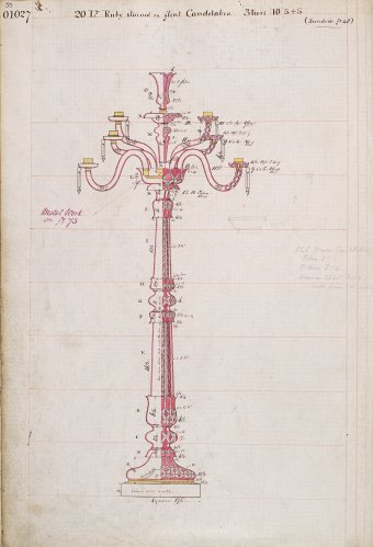 Fig. 6: Design for candelabrum, 1860s, from Osler pattern book, v. 1, p. 55. Birmingham Museum and Art Gallery, Birmingham.
