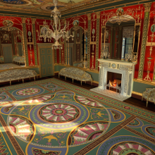 Video still of virtual reality reconstruction of the 18th century Robert Adams-designed glass drawing room at Northumberland House. Created by Noho and Makebelieve. Courtesy of The Corning Museum of Glass.